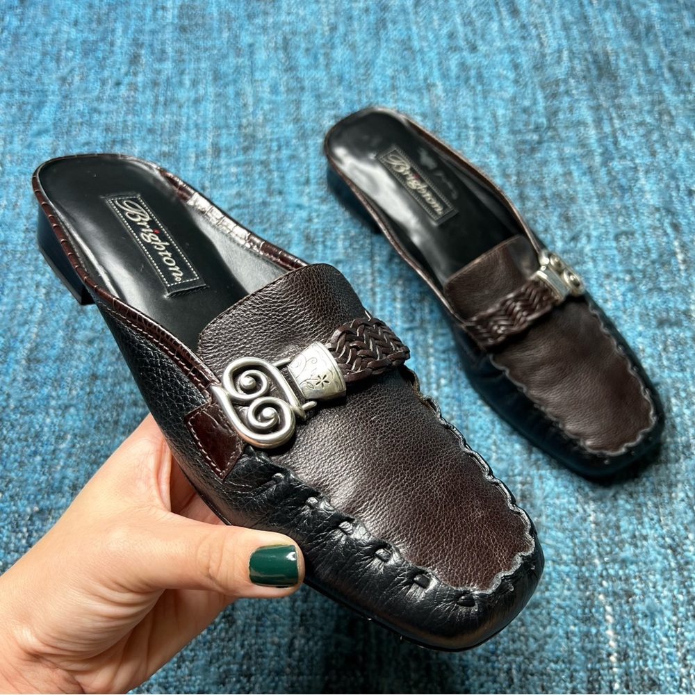 Vintage Brighton Karmen Leather Slip On Mules in Black Brown Women's Size 8